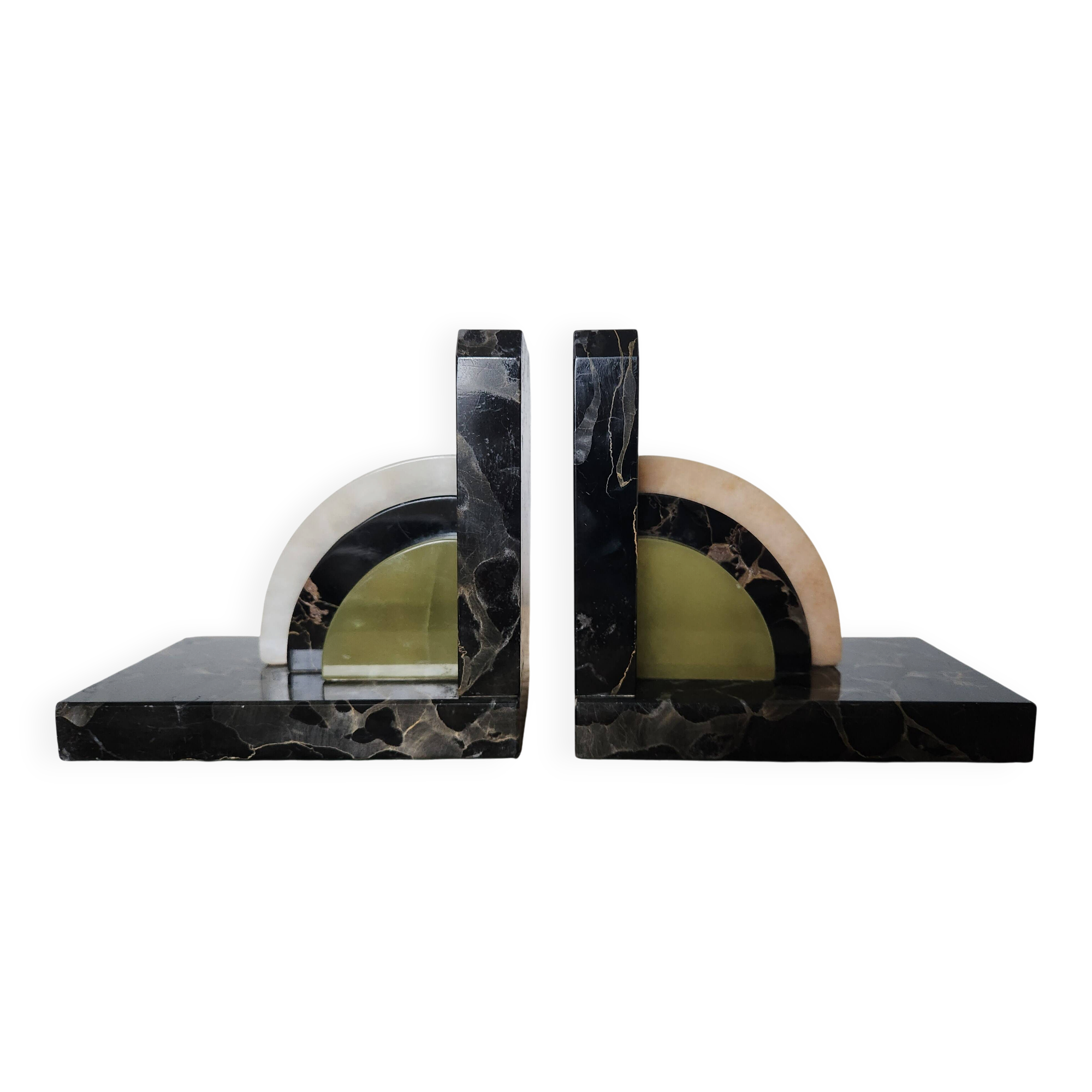 Art Deco pair of bookends in marble and green onyx – 1930s-1950s