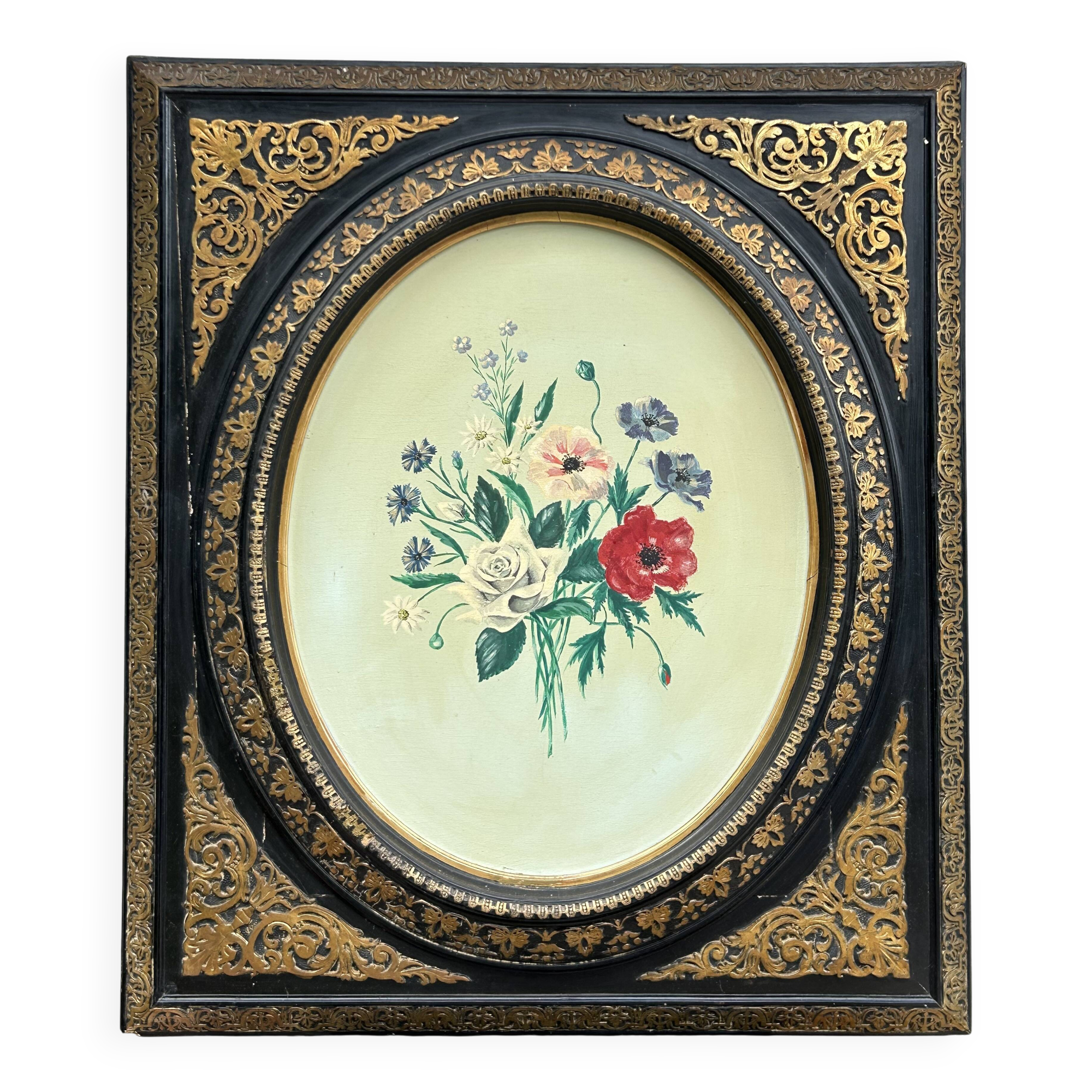 Painting of a bouquet of flowers on a panel in a medallion frame, Napoleon
