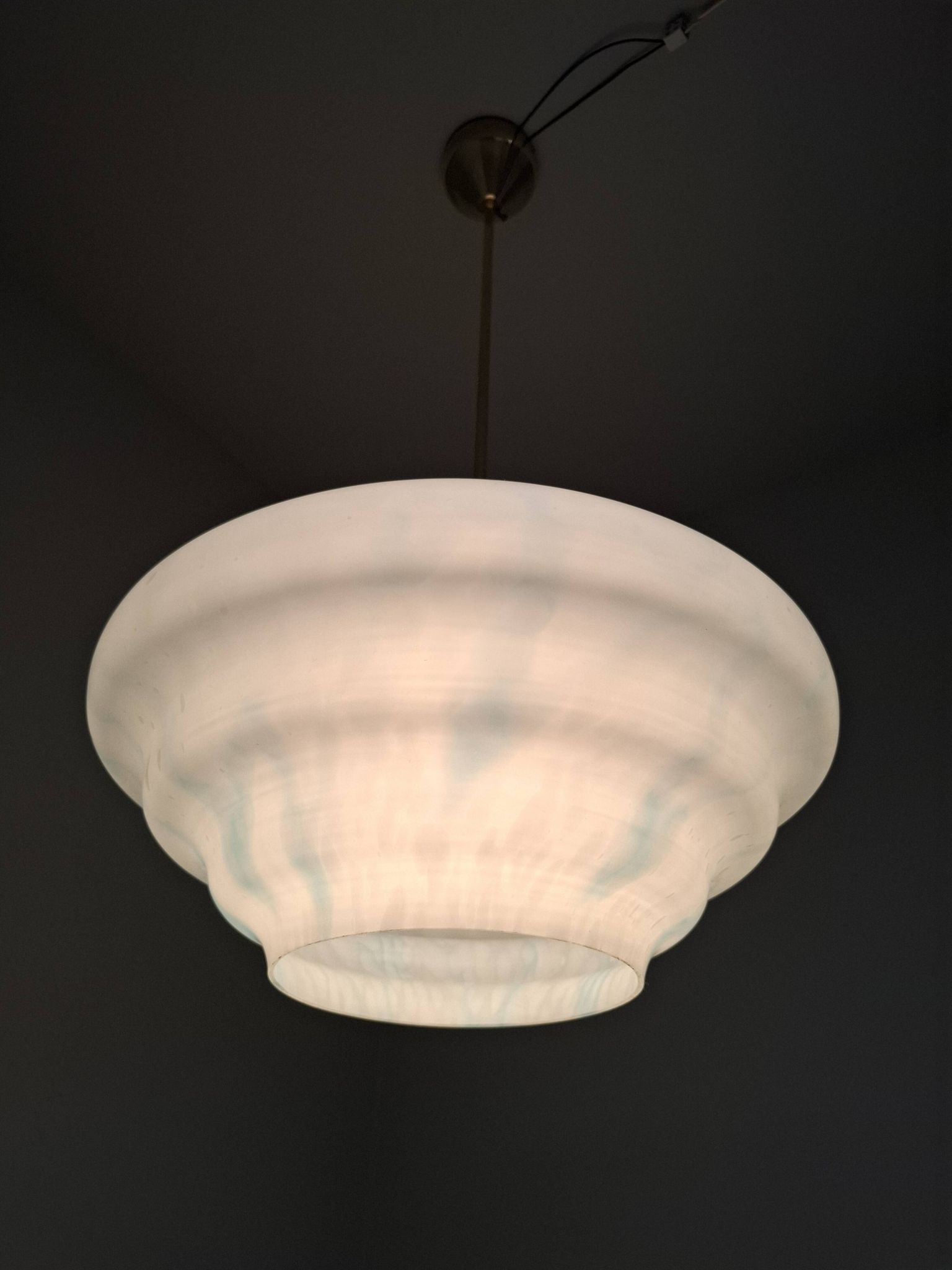 Napako Midcentury Modern Pendant Lamp in Opaline Glass and Brass, Czechoslovakia