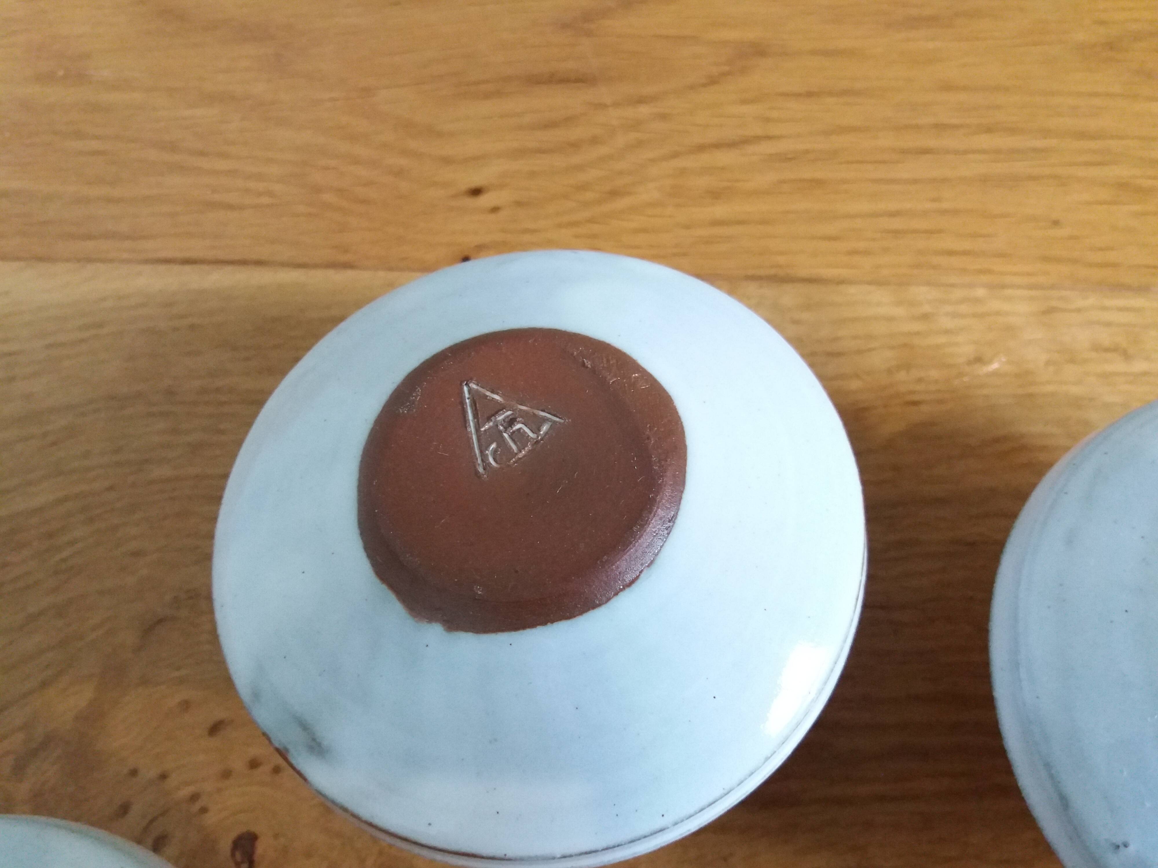 Egg cups signed Atch Chantal and Thierry Robert sandstone from Poncé sur Loir