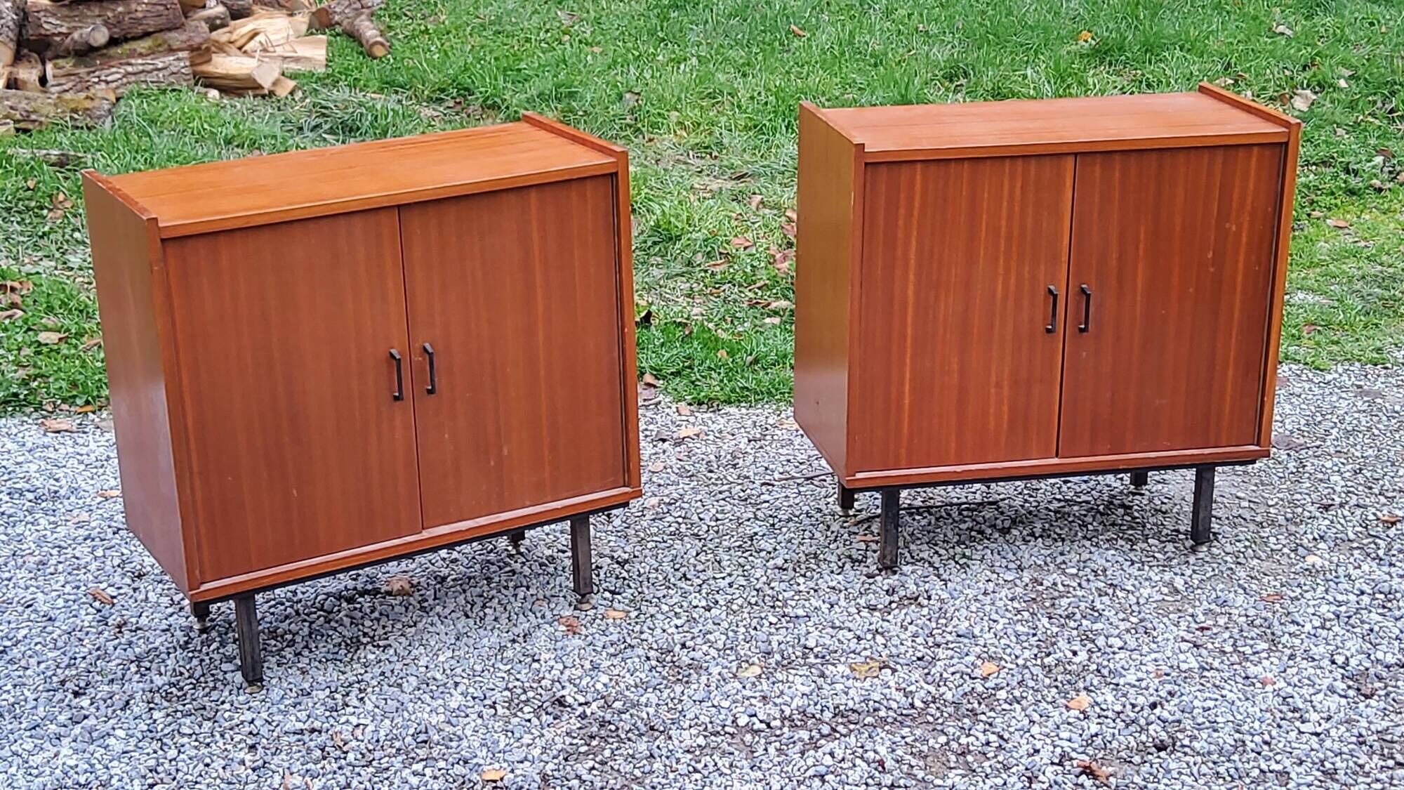 Pair of vintage mahogany sideboards with square metal legs from the 60s