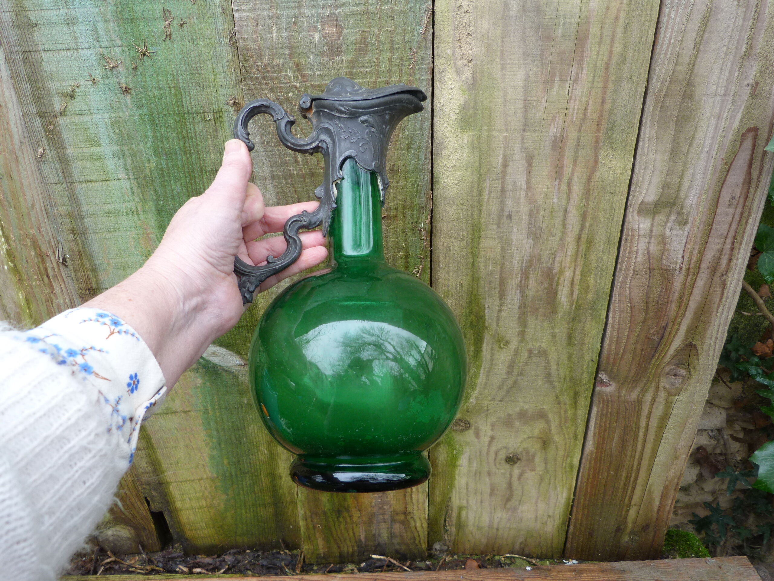 Napoleon III wine jug pitcher in souflé glass and pewter