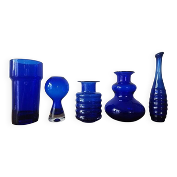 Set of five mid-century cobalt glass vases, Harzkristall, Marita Voigt, 1970