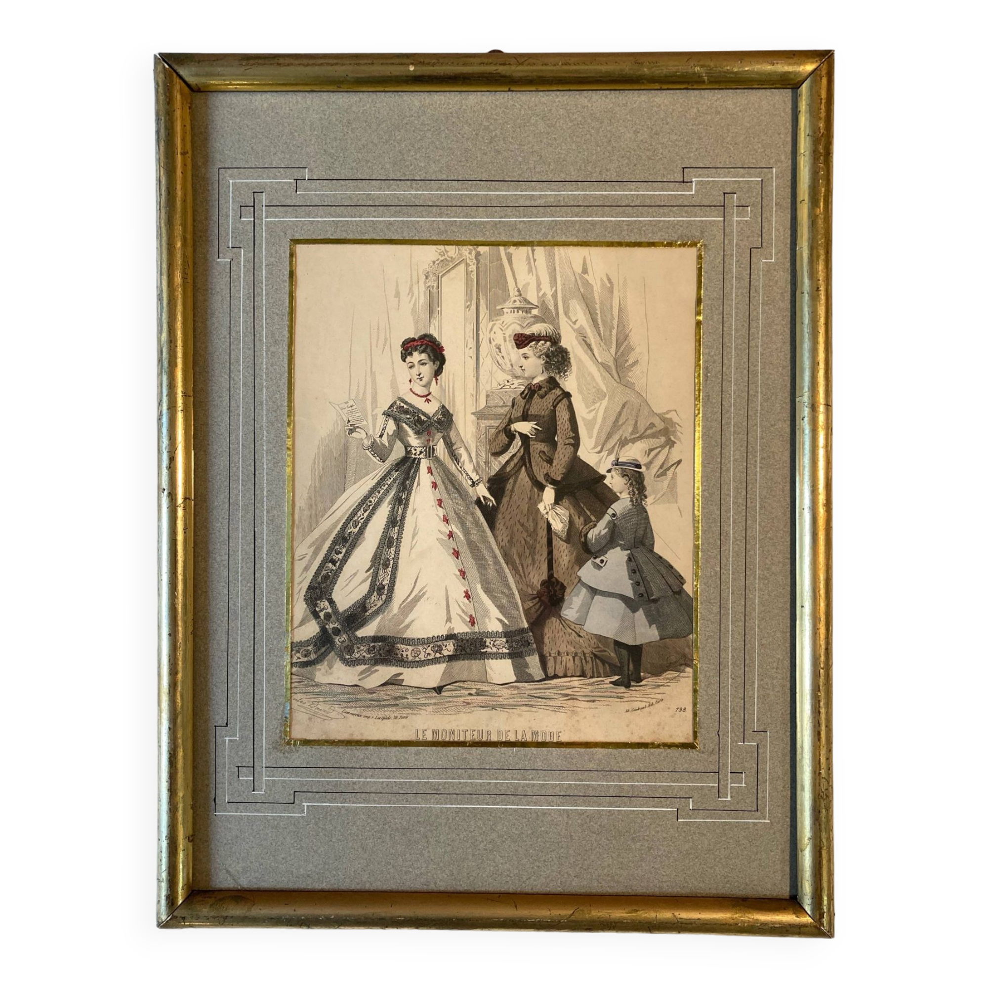 Old frame with illustrated page from the newspaper "Moniteur de la mode", Paris, late 19th century
