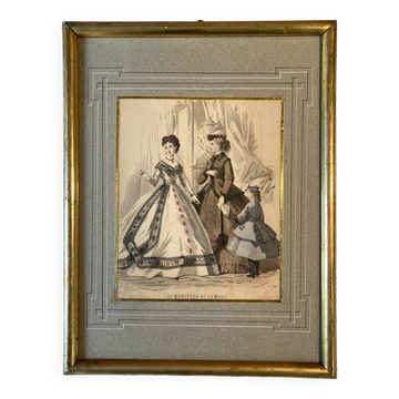 Old frame with illustrated page from the newspaper "Moniteur de la mode", Paris, late 19th century