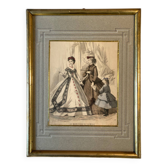 Old frame with illustrated page from the newspaper "Moniteur de la mode", Paris, late 19th century