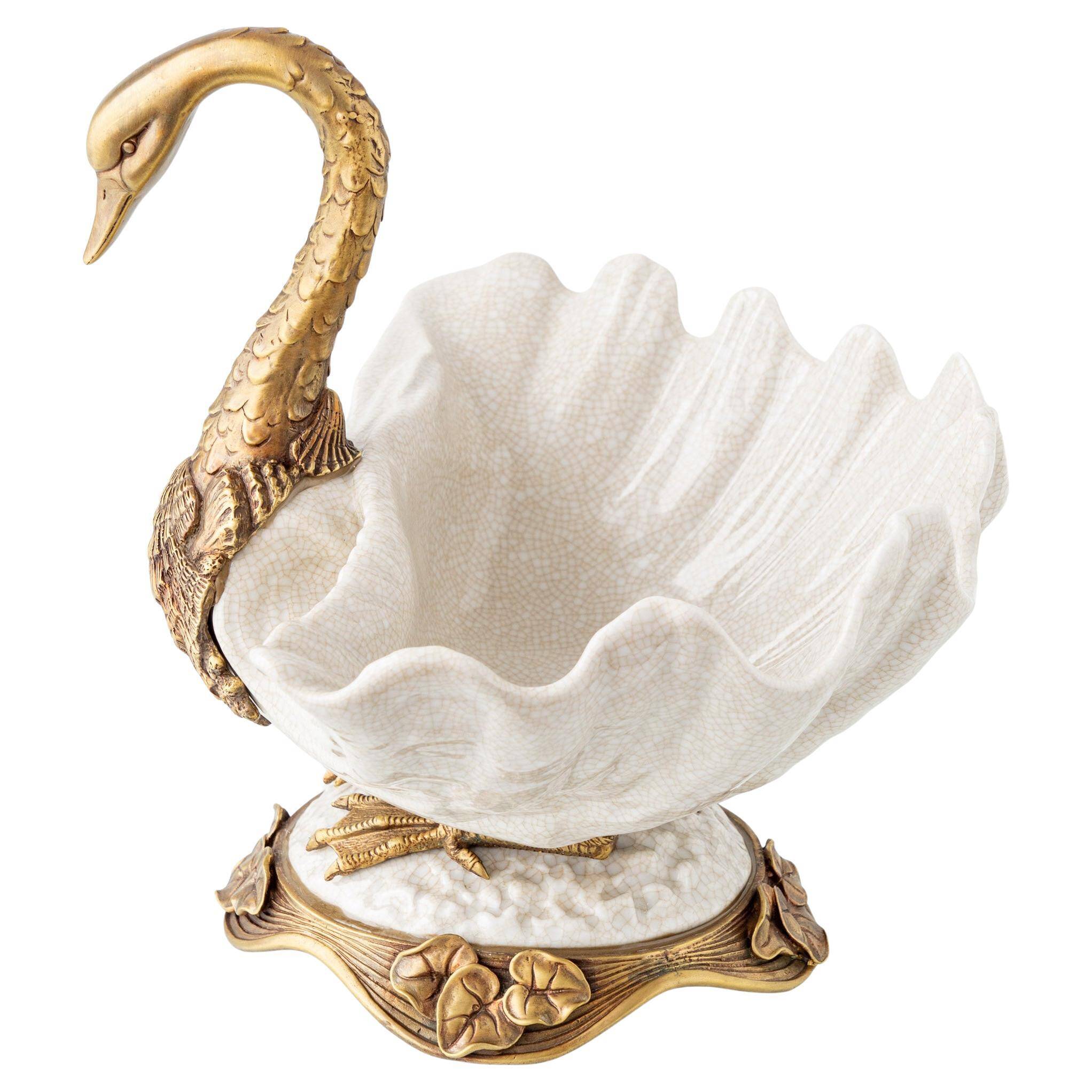 Sculptural Art Nouveau Swan Coupe in Crackled Glazed Porcelain and Gilded Metal