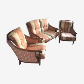 Canapé 2 places & 2 fauteuils assortis merisier