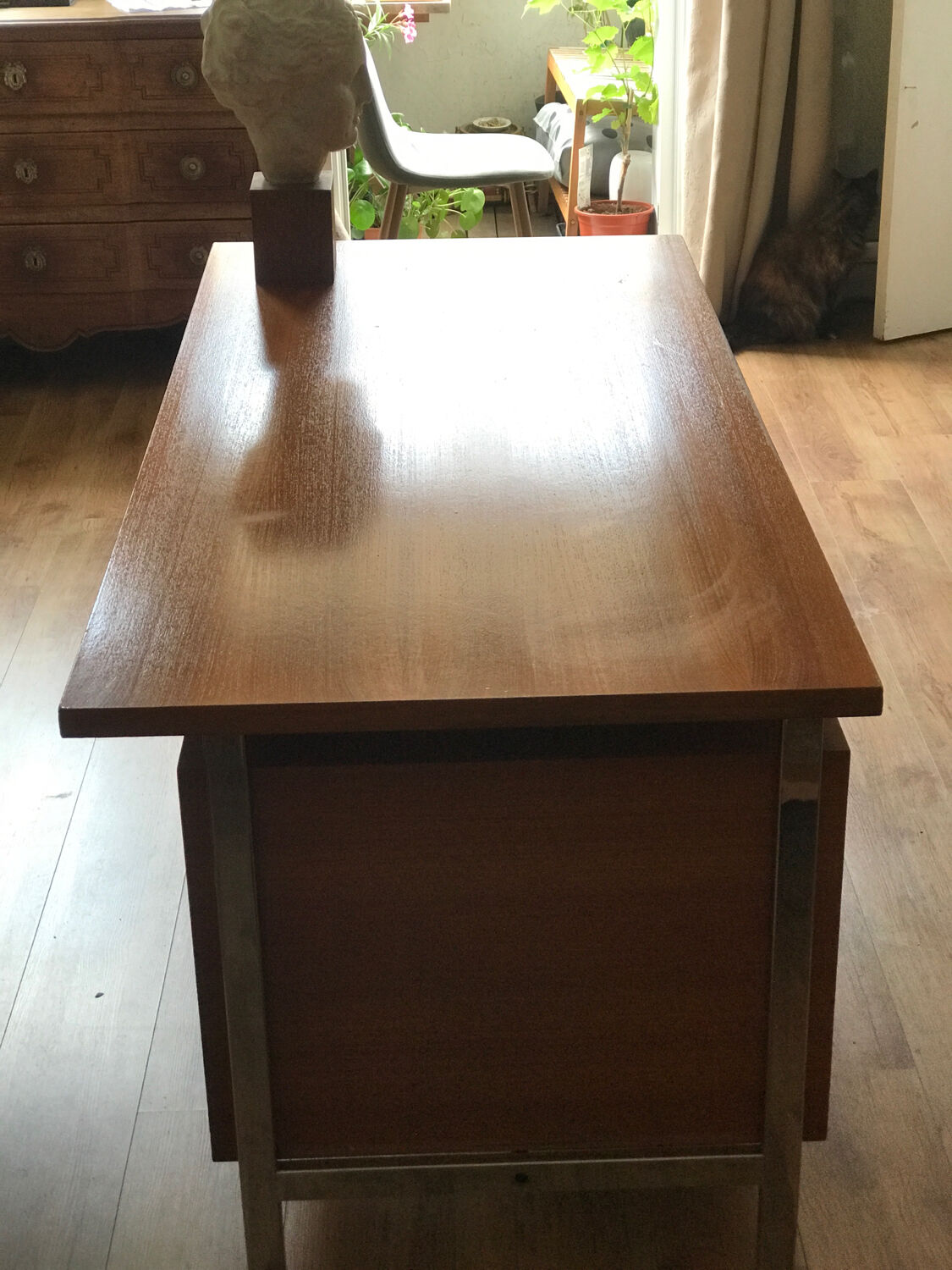 Vintage teak and stainless steel desk with two pedestals