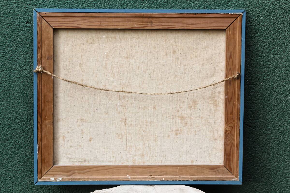 Oil on canvas from the 1950s, snowy landscape.