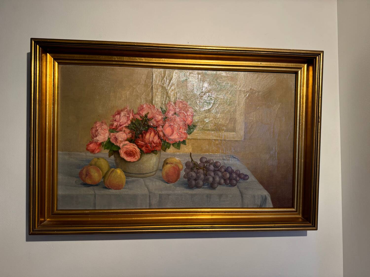 Old painting, Still life or roses and fruits, early 20th century
