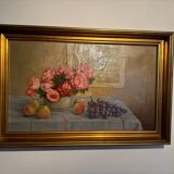 Tableau ancien, Nature morte ou roses et fruits début XX siècle
