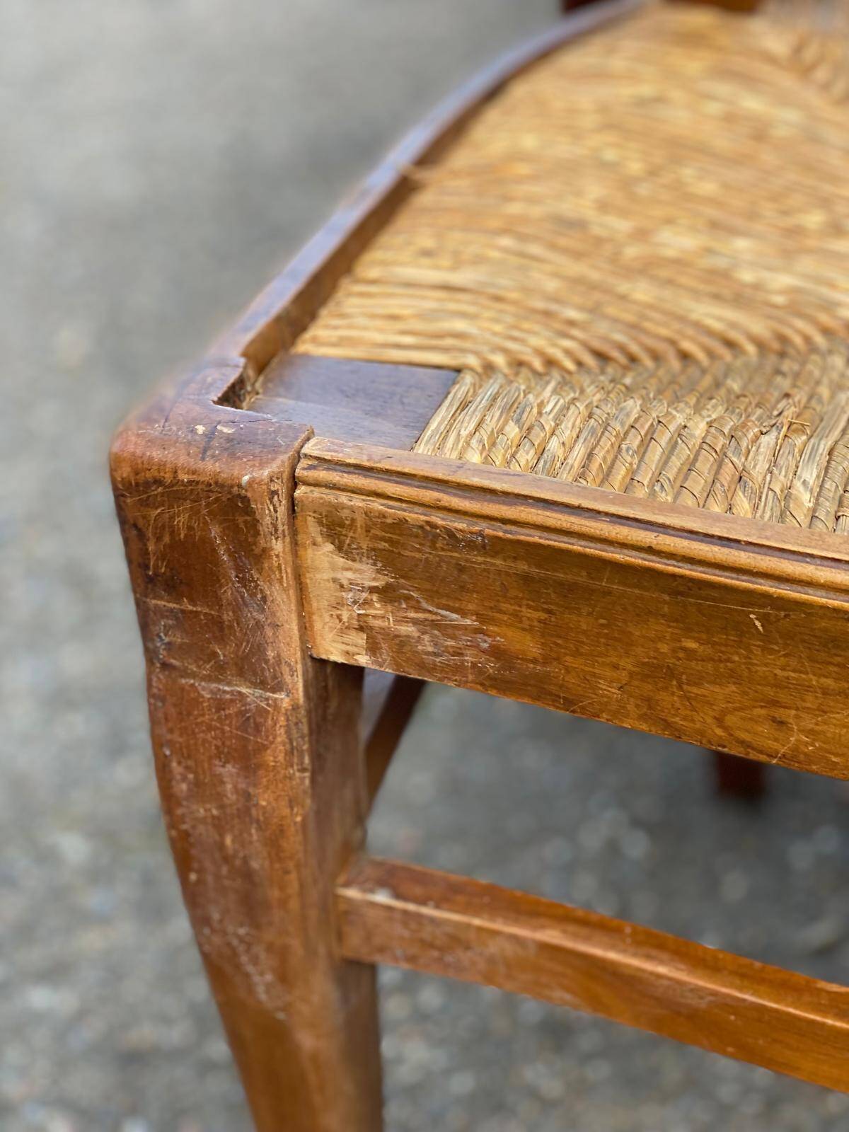 6 vintage solid oak wood dining room chairs with art deco straw