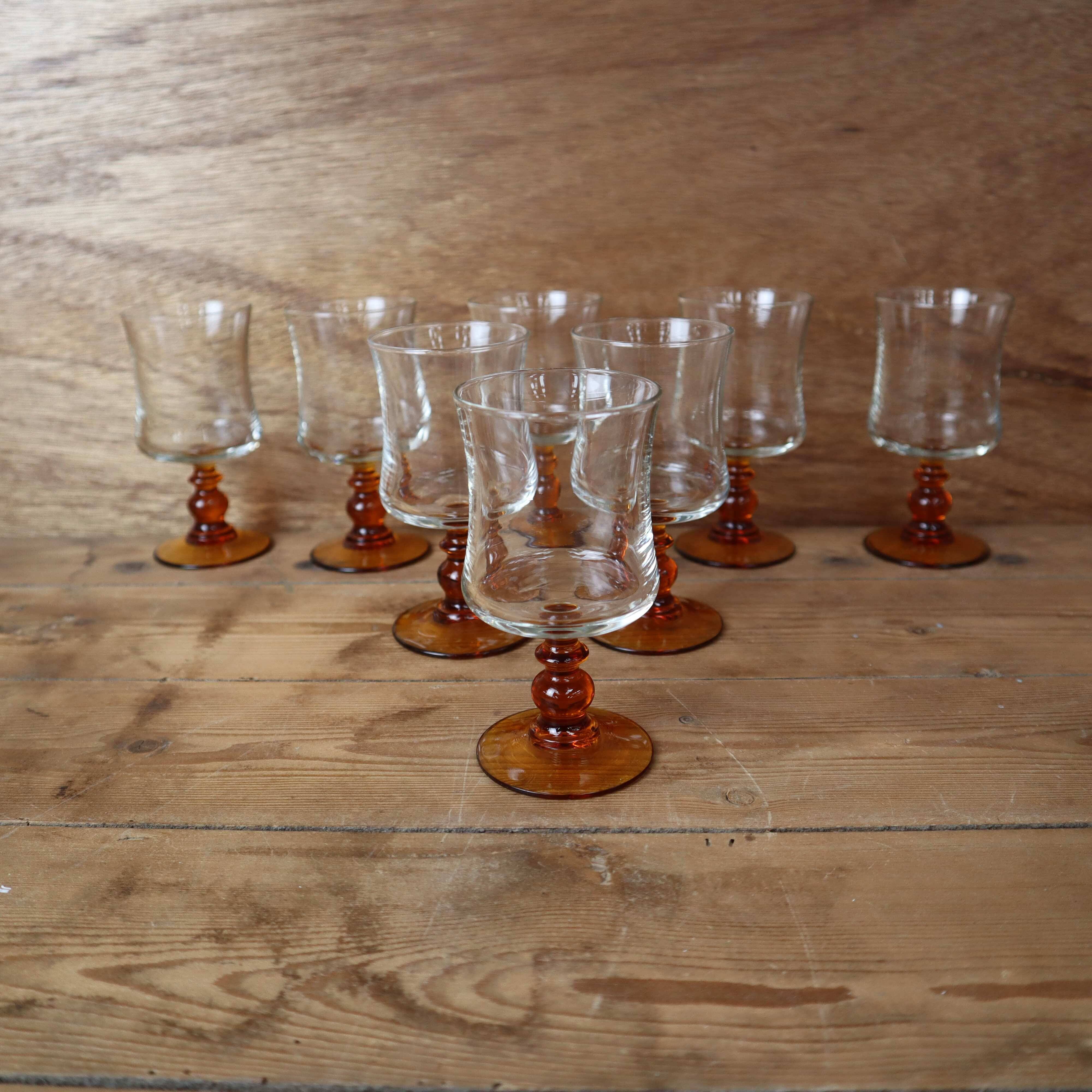 8 Luminarc "Antique" amber-stemmed white wine glasses