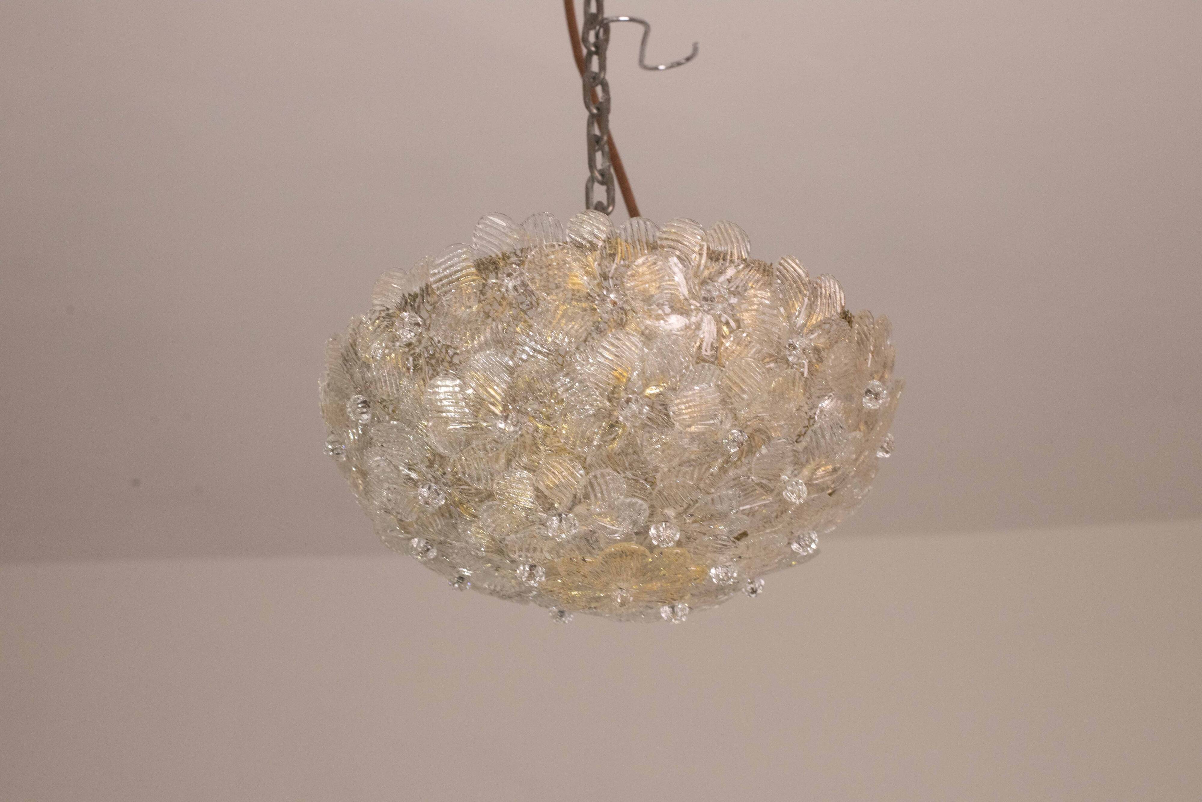 Elegant Murano Ceiling Light Gold and Trasparent Flower by Seguso for Venin