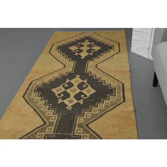 Vintage Turkish Hand-Knotted Wool Cotton Brass Runner Rug 95x432