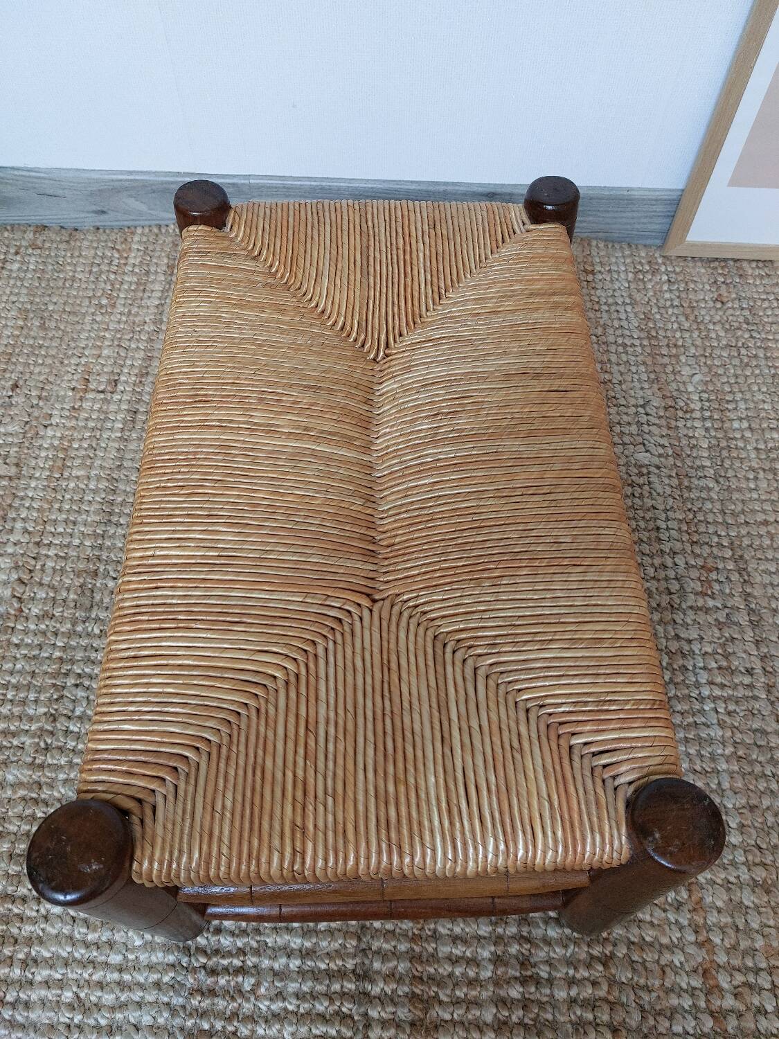 Vintage woven straw wooden stool