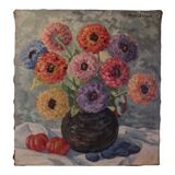 Oil painting on canvas bouquet of anemones signed Françoise (Oury) Bangor