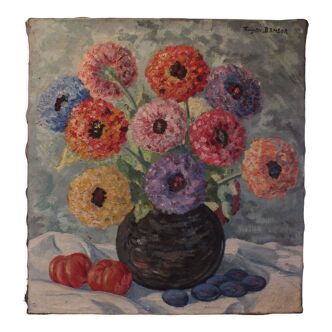 Oil painting on canvas bouquet of anemones signed Françoise (Oury) Bangor