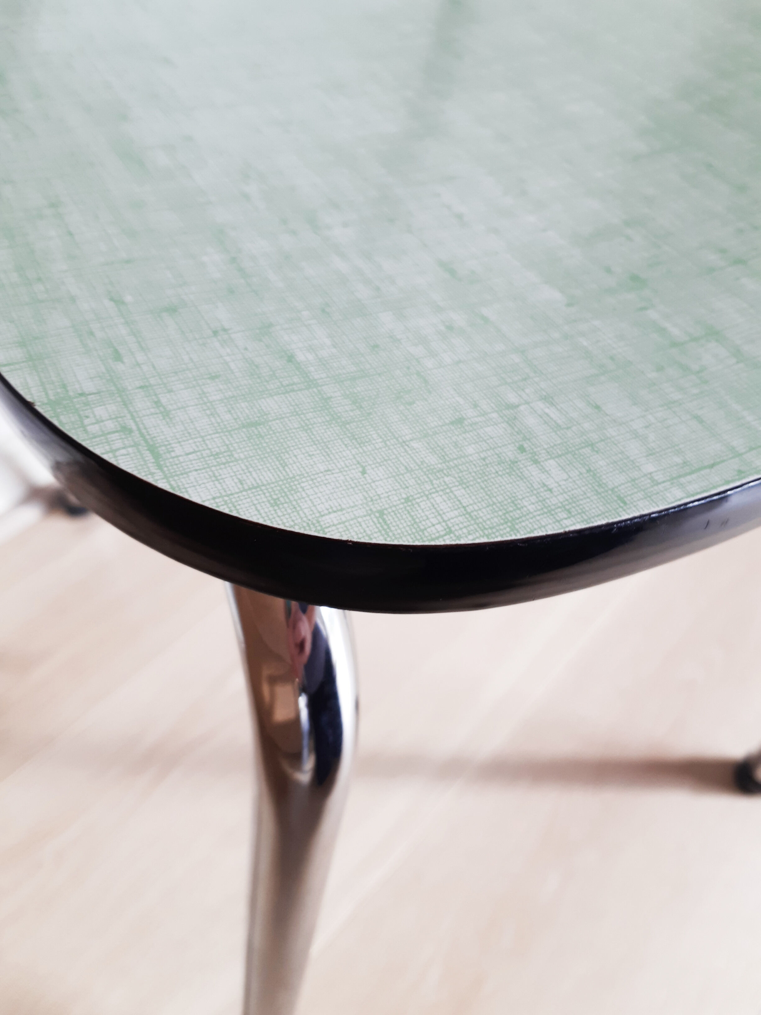 Vintage kitchen chair in green formica and stainless steel, 50s, antique French