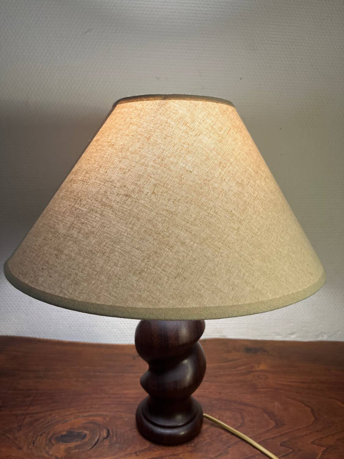 Solid turned wood foot lamp with lampshade