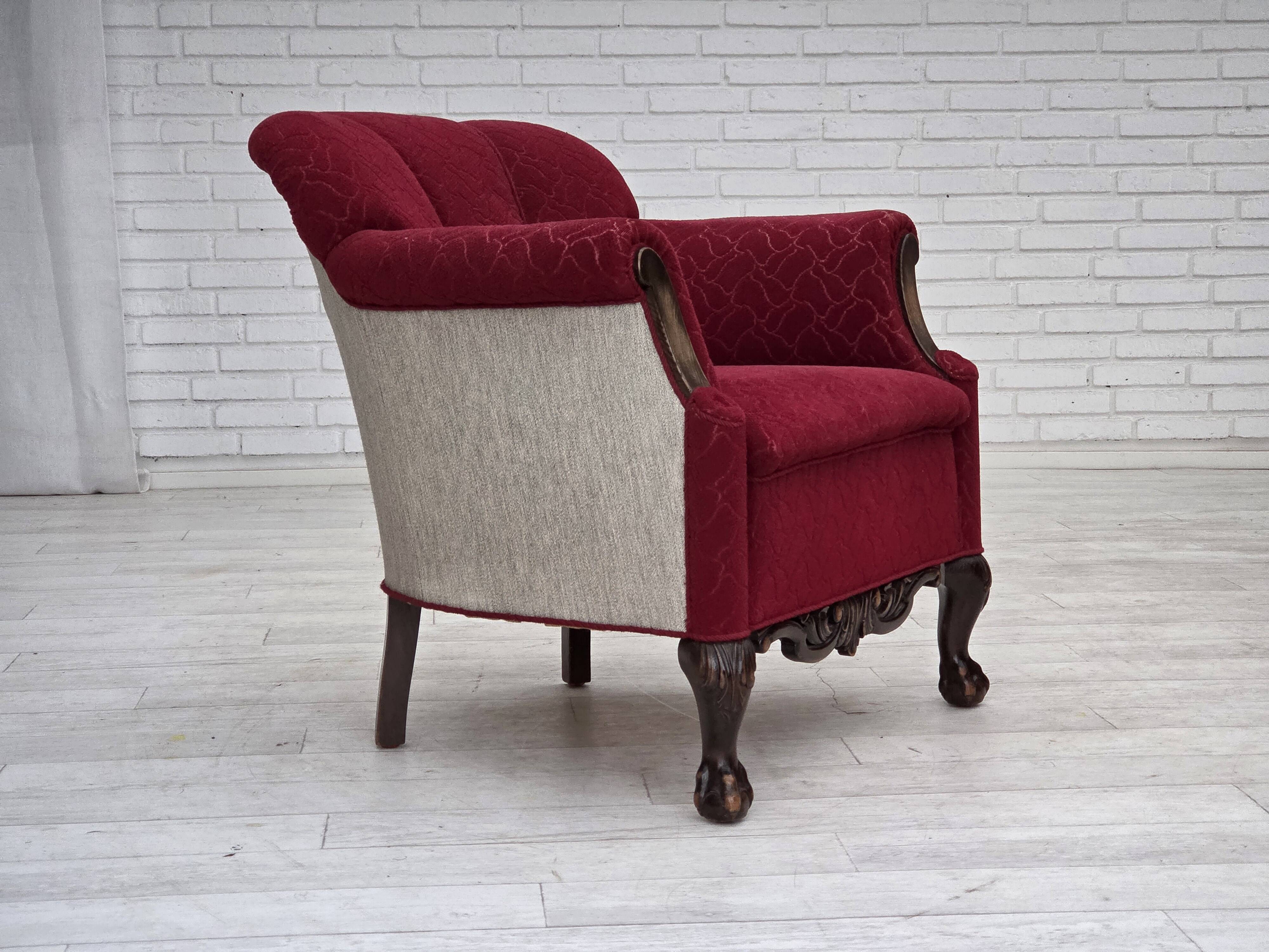 1950s, Danish armchair, red and light grey furniture wool, carved oak wood.