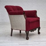 1950s, Danish armchair, red and light grey furniture wool, carved oak wood.