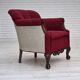 1950s, Danish armchair, red and light grey furniture wool, carved oak wood.