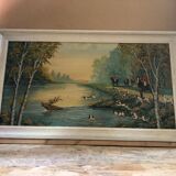 Ancien tableau huile sur panneau p. foy chasse à cour + cadre bois blanc vintage
