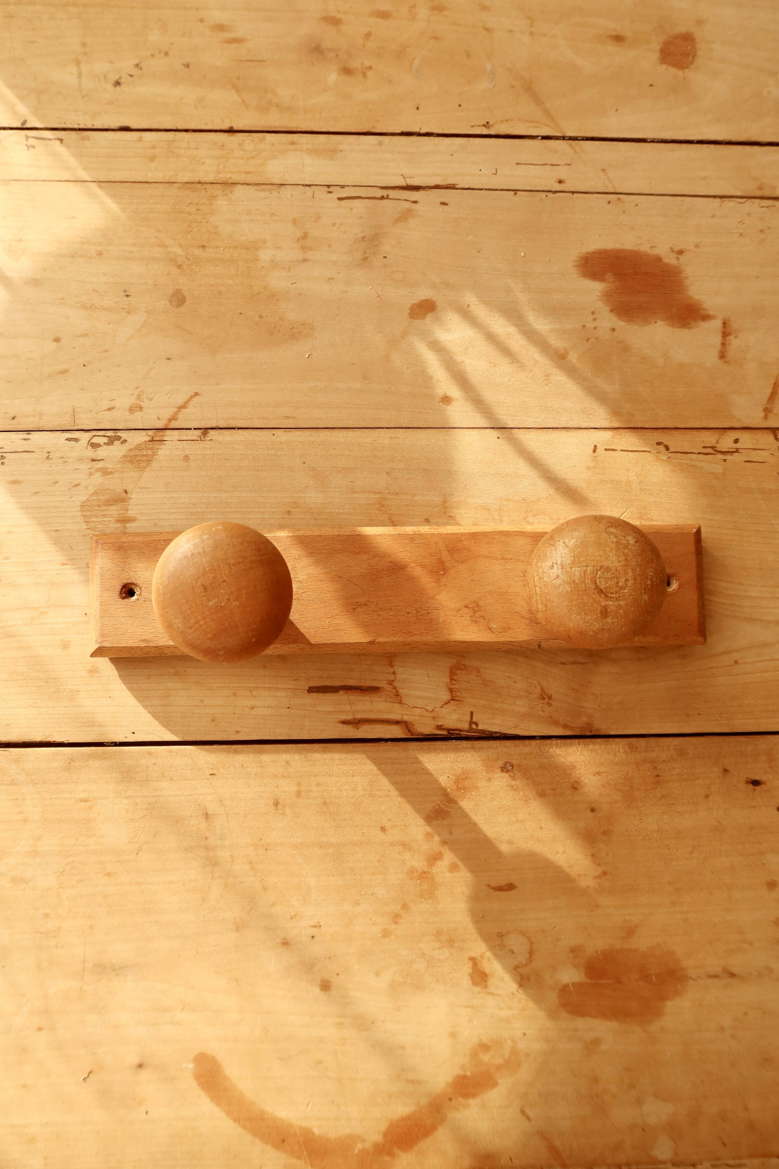 Vintage pine wall coat rack with 2 hooks