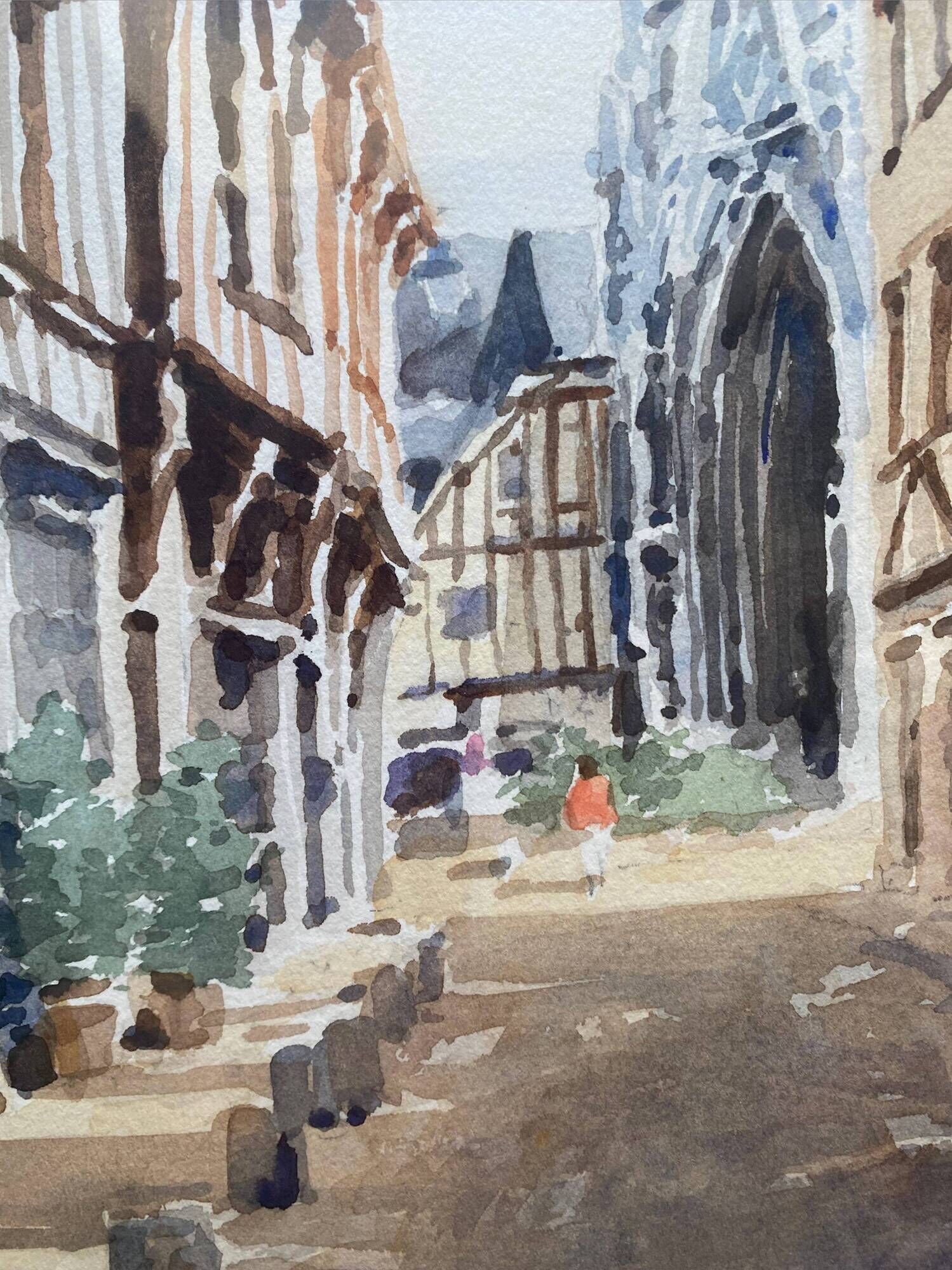 Watercolor painting "Rue Malpalu animated" in Rouen, titled and signed