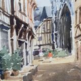 Watercolor painting "Rue Malpalu animated" in Rouen, titled and signed