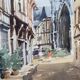 Watercolor painting "Rue Malpalu animated" in Rouen, titled and signed