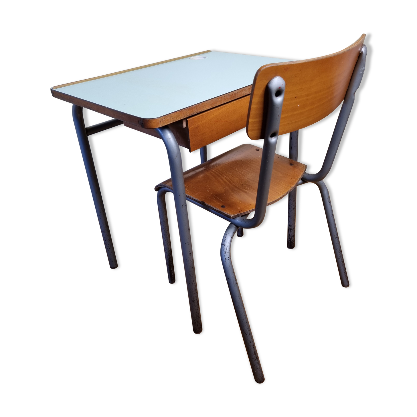 Set chair and school desk in steel, wood and formica, 50s-60s