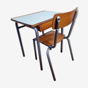 Set chair and school desk in steel, wood and formica, 50s-60s