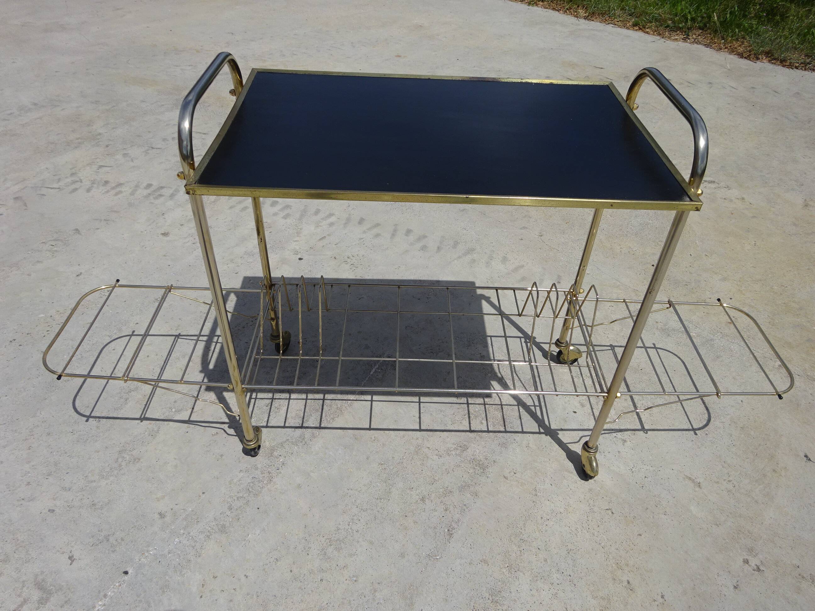 Serving trolley, vinyl record holder in golden brass