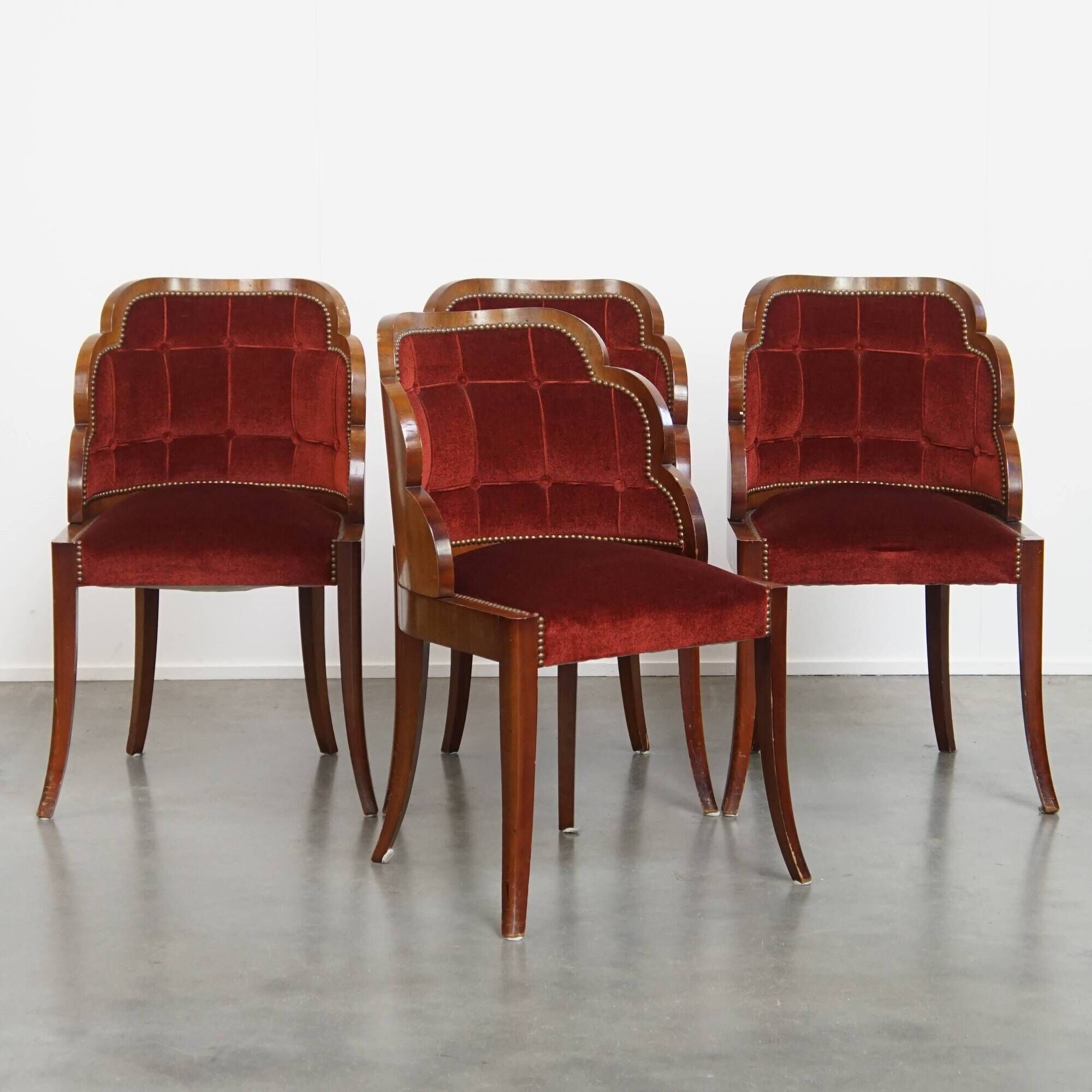 Set of 4 Art Deco Dining Chairs with Red Upholstery and Wooden Backs