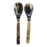 Serving cutlery set in buffalo horn and smooth bone handle