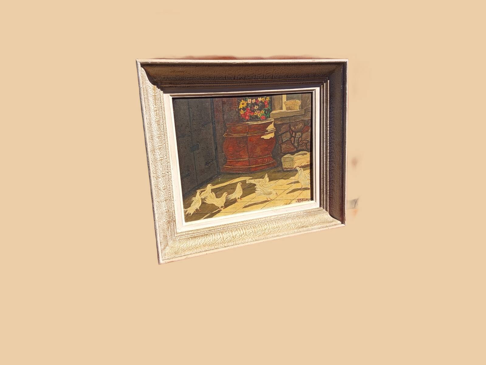 Signed Alphadery Painting – Doves in a Sunlit Courtyard, Antique Frame