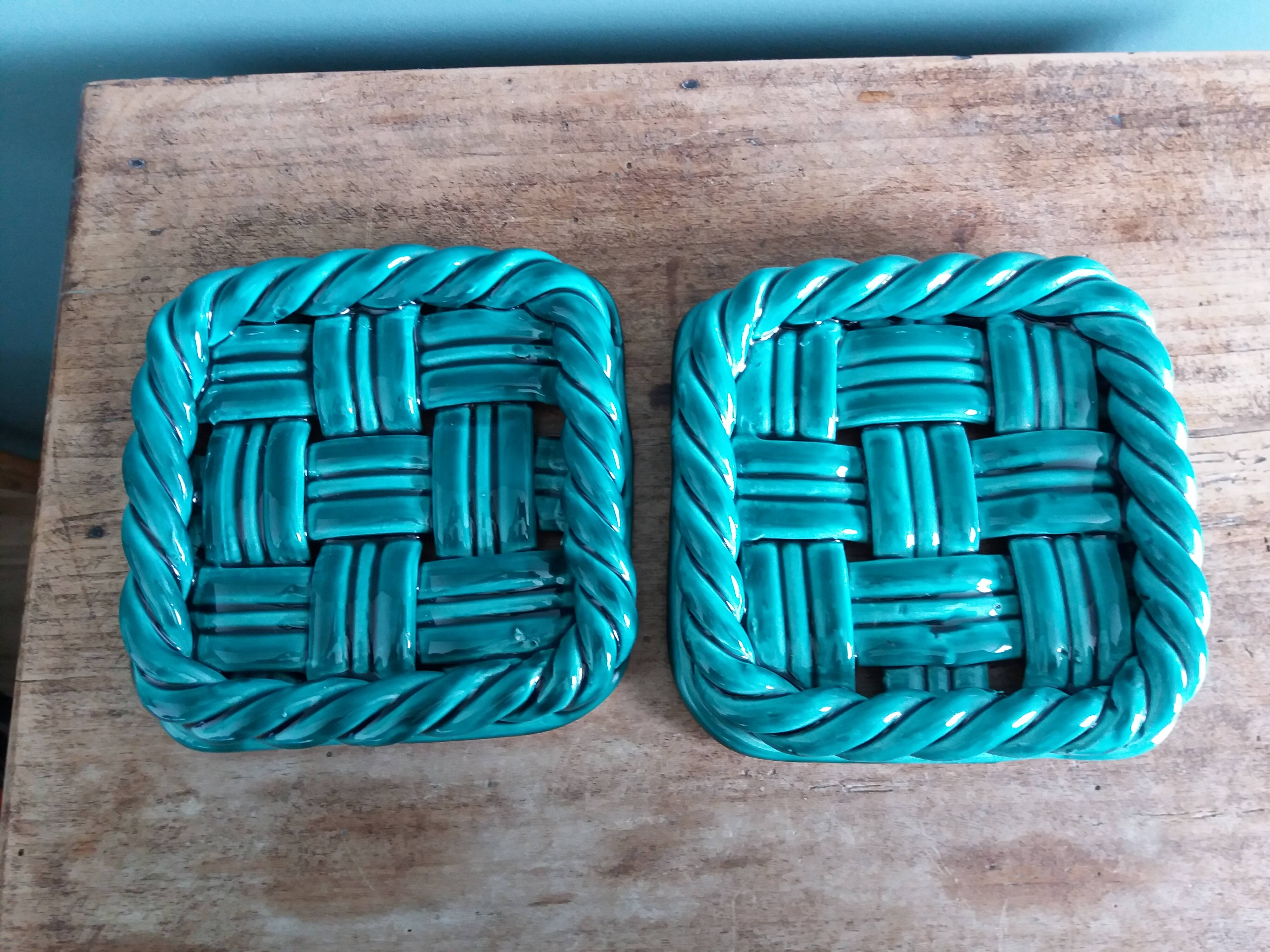 Emerald green braided slip trivet and bottle holder, knife holder