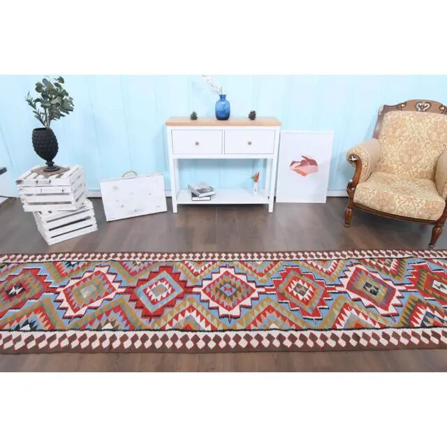 1970s Vintage Turkish Hand-Knotted Wool Cotton Red Runner Rug 93x355