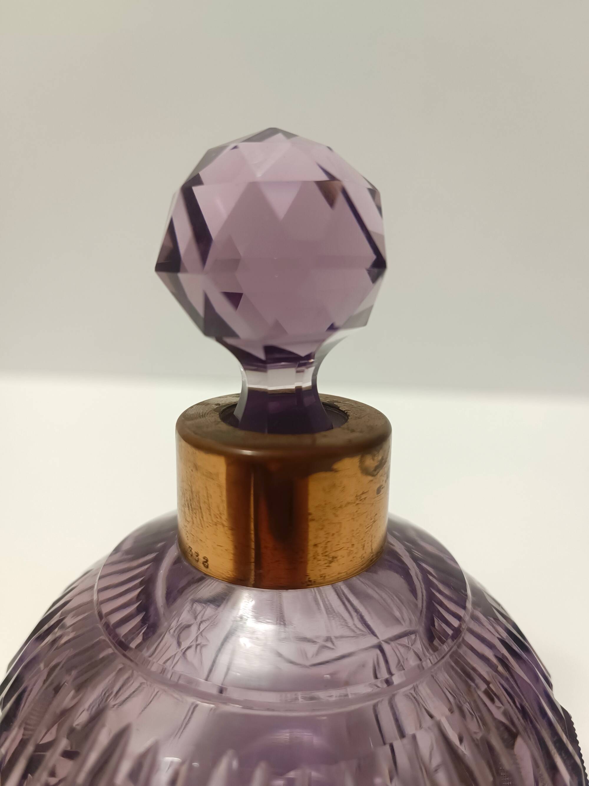 Lilac Hand Cut Crystal Glass And Brass Parfume Bottle, Italy