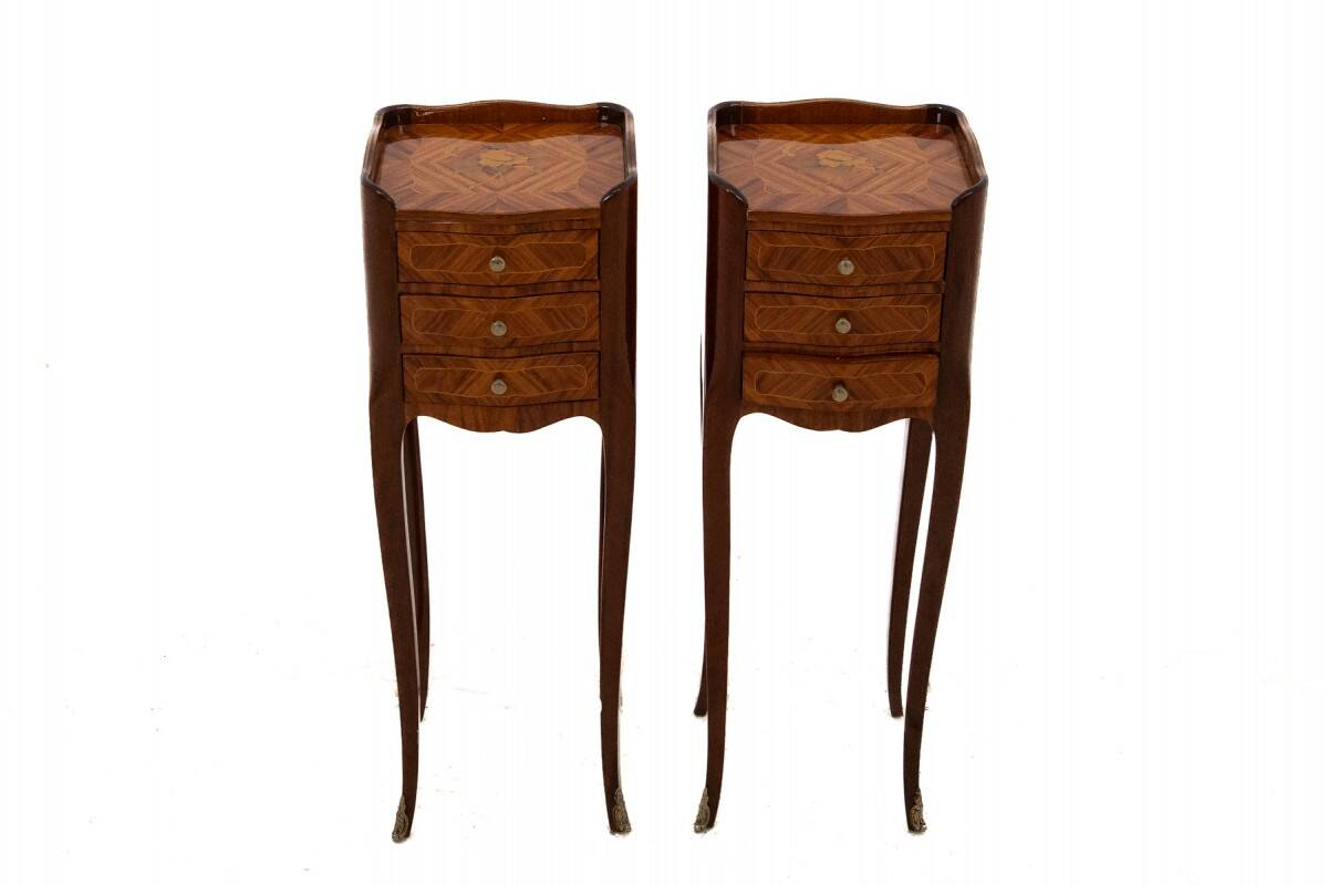 Inlaid bedside tables, Louis XV style, France.