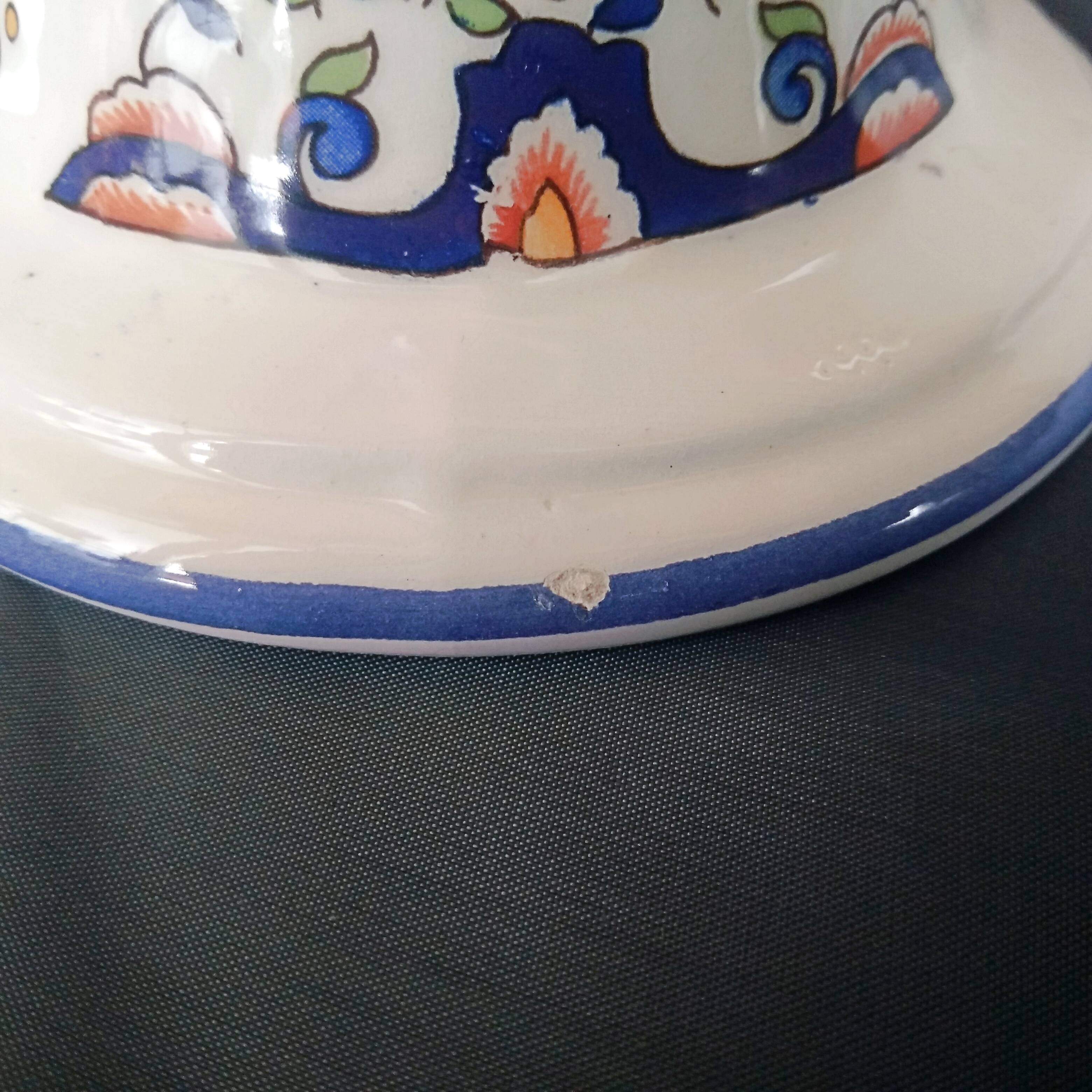 Old Rouen style earthenware candle holder decorated with flower basket 25 cm