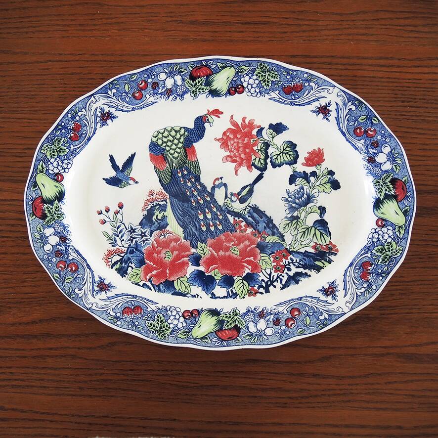 Antique Large Oval Serving Dish - Peacock Decor