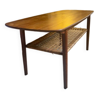 Table basse mid century vintage bois et rotin