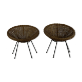 Ensemble de deux chaises originales plus grandes des années cinquante en rotin design italien