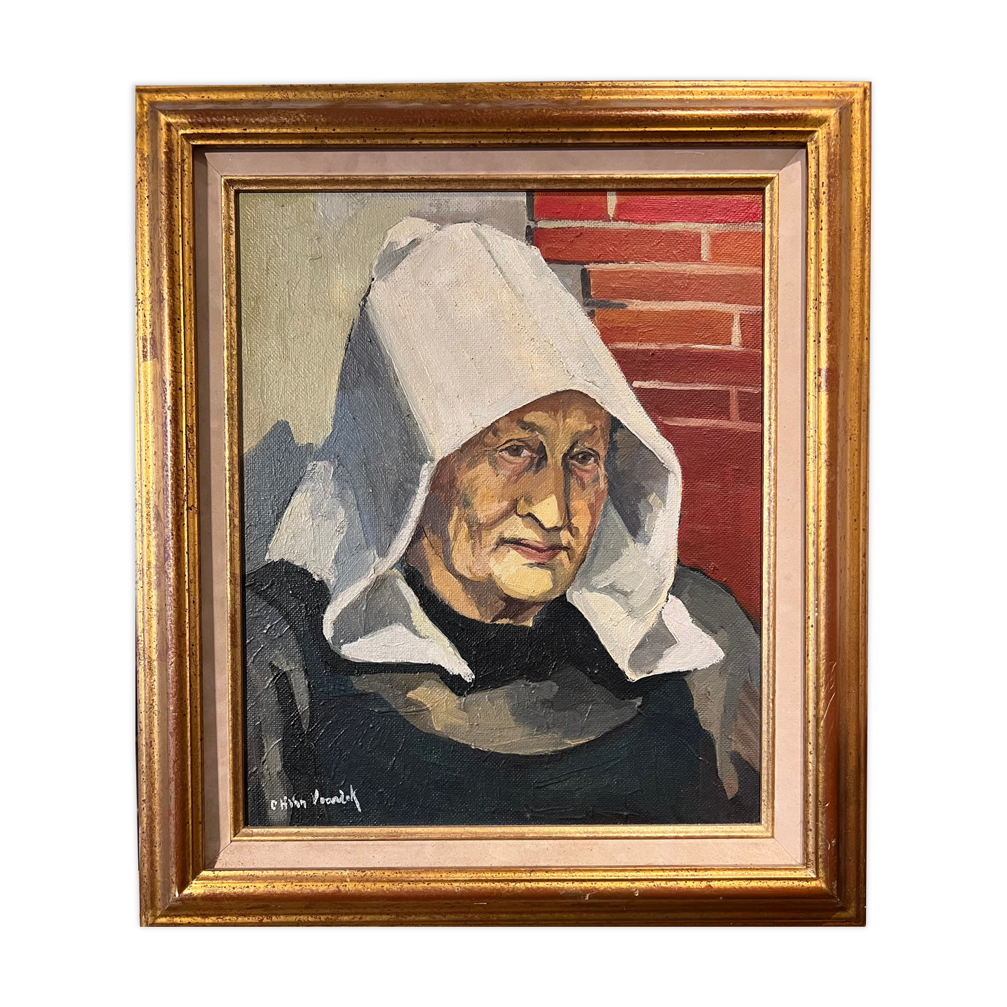 Portrait painting Breton woman with white headdress