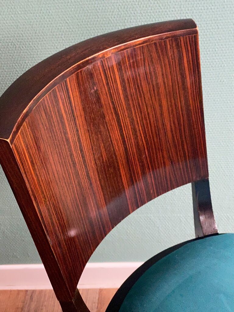 Suite of 6 Art Deco 1935 Macassar ebony chairs restored seats
