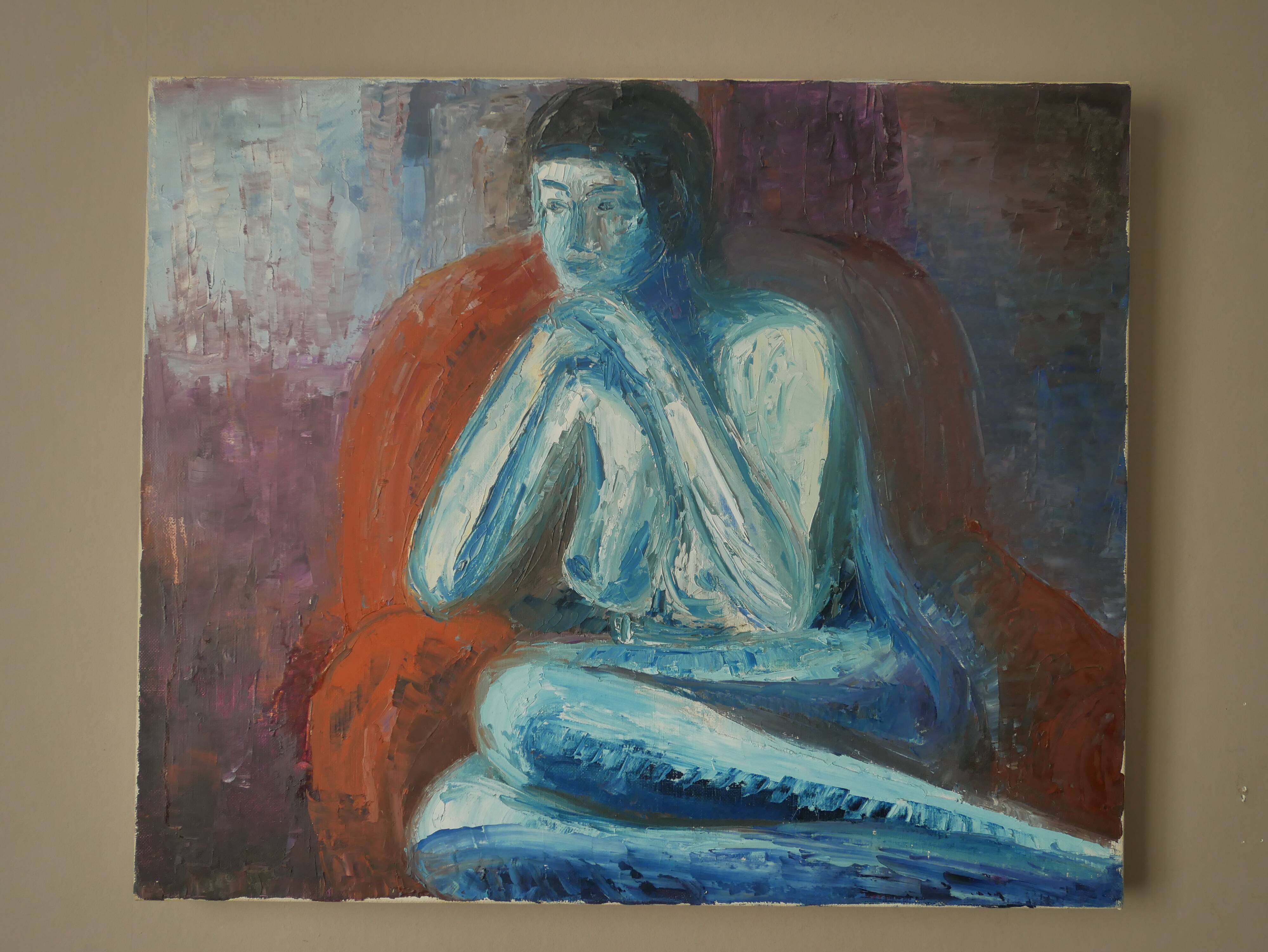 Acrylic painting on canvas figurative art nude woman blue orange contemporary canvas